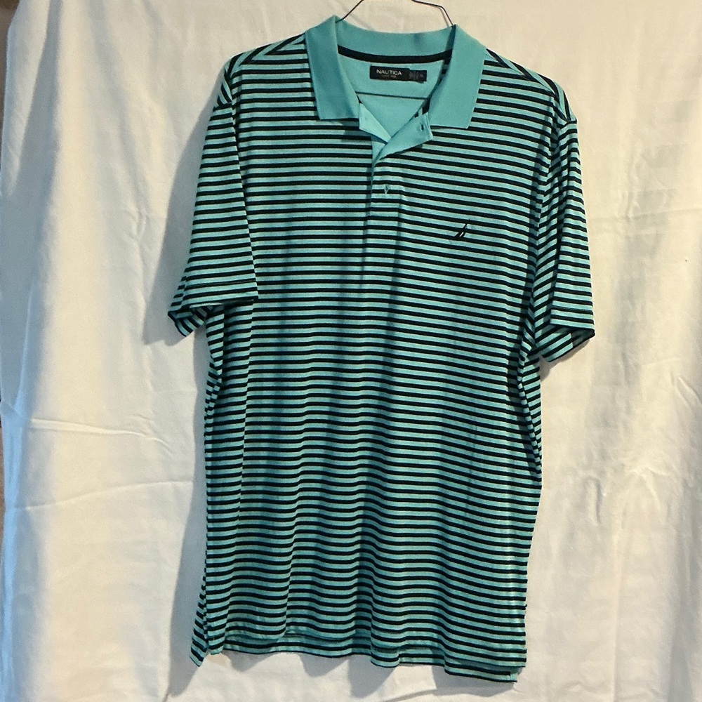 Nautica Men’s Aqua and Black Striped Polo